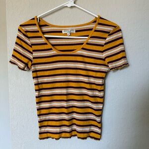 Brave Soul Yellow, White, Tan & Burgundy Lettuce Hem Cropped Top